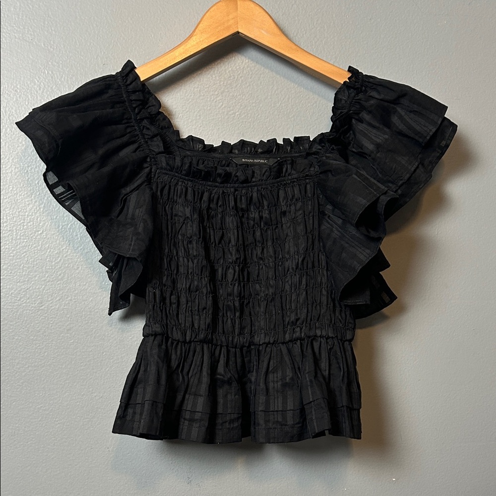 Banana Republic Black Smocked Blouse size XS Ruffle shoulders